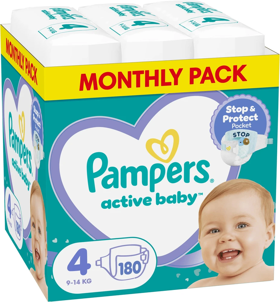 Sauskelnės Pampers Active Baby, 4 Dydis, 9–14kg, 180 vnt.