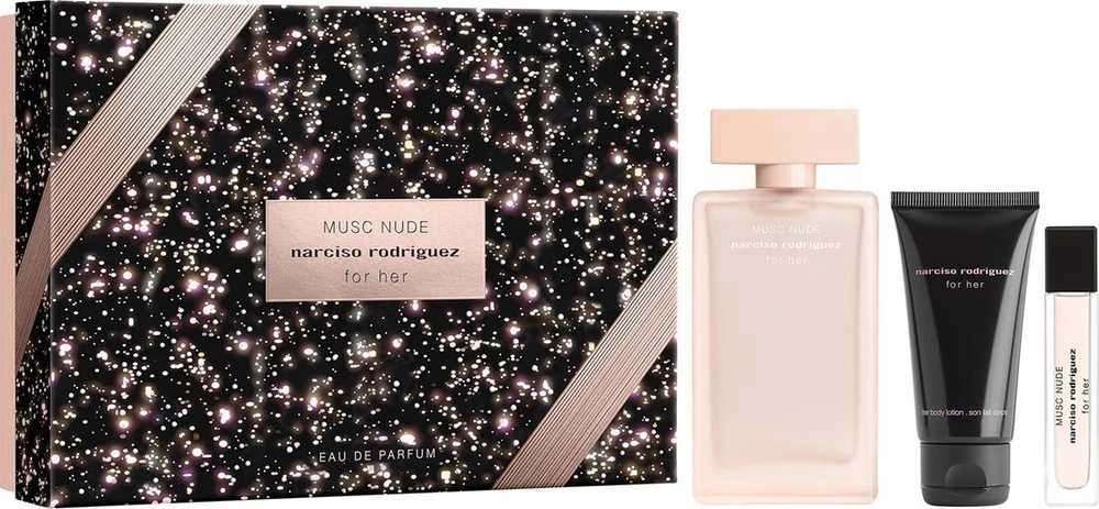 Set Narciso Rodriguez: Musc Nude Eau De Parfum For Women, 100 ml + Musc Nude Hydrating Losjonas kūnui, 50 ml + Musc Nude Eau De Parfum For Women, 10 ml