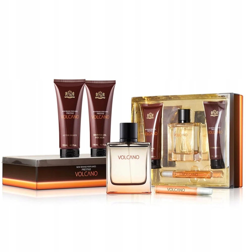 New Brand Narciso Rodriguez rinkinys Naujas prekės ženklas: Volcano, Vanduo toaletowa, Vyrams, 100 ml + Volcano, Vanduo toaletowa, Vyrams, 15 ml + Volcano, Valomasis, Dušo želė, Visam kūnui, Visiems odos tipams, 130 ml + Volcano, Gelis po skutimosi, 130 ml Moterims