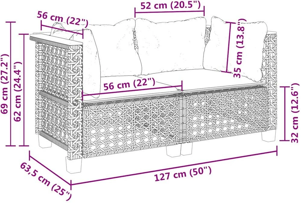 Sofa Kampinės sofos dalys su pagalvėmis, 2vnt., smėlio, poliratanas