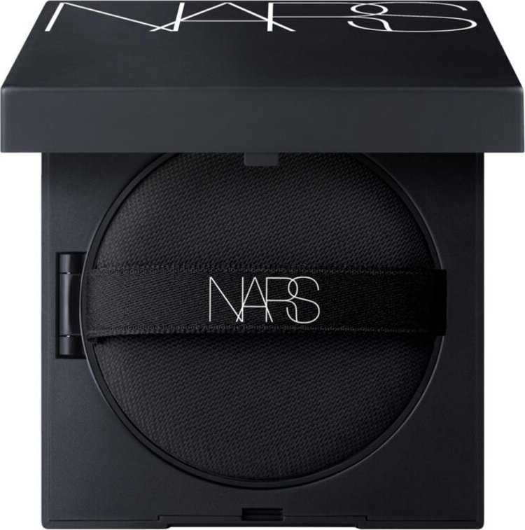 „Nars Natural Radiant Longwear Cushion“ pudros makiažo pagrindas, tuščias, plastikinis, kompaktiškas dėklas, juodas