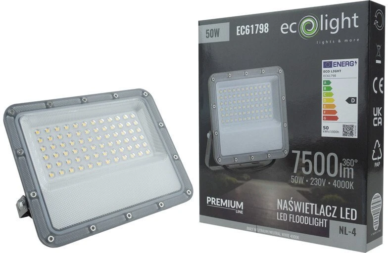 Šviestuvas Ecolight LED prožektorius premium NL-4 50W 7500lm 4000K pilkas IP65 (EC61798)
