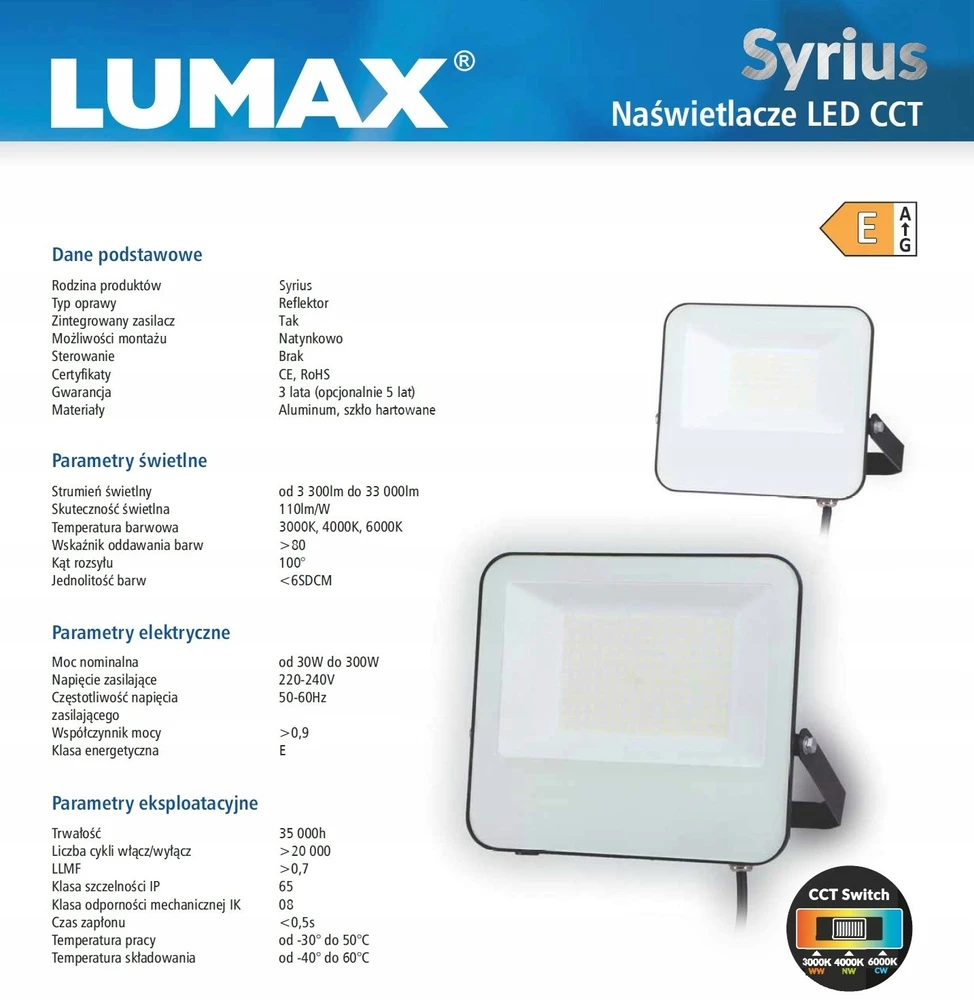 Lumax Prožektorius LED Syrius 150W 16500lm šilta/natūrali/šalta CCT IP65 su jungikliu šviesos spalvai keisti LFL515