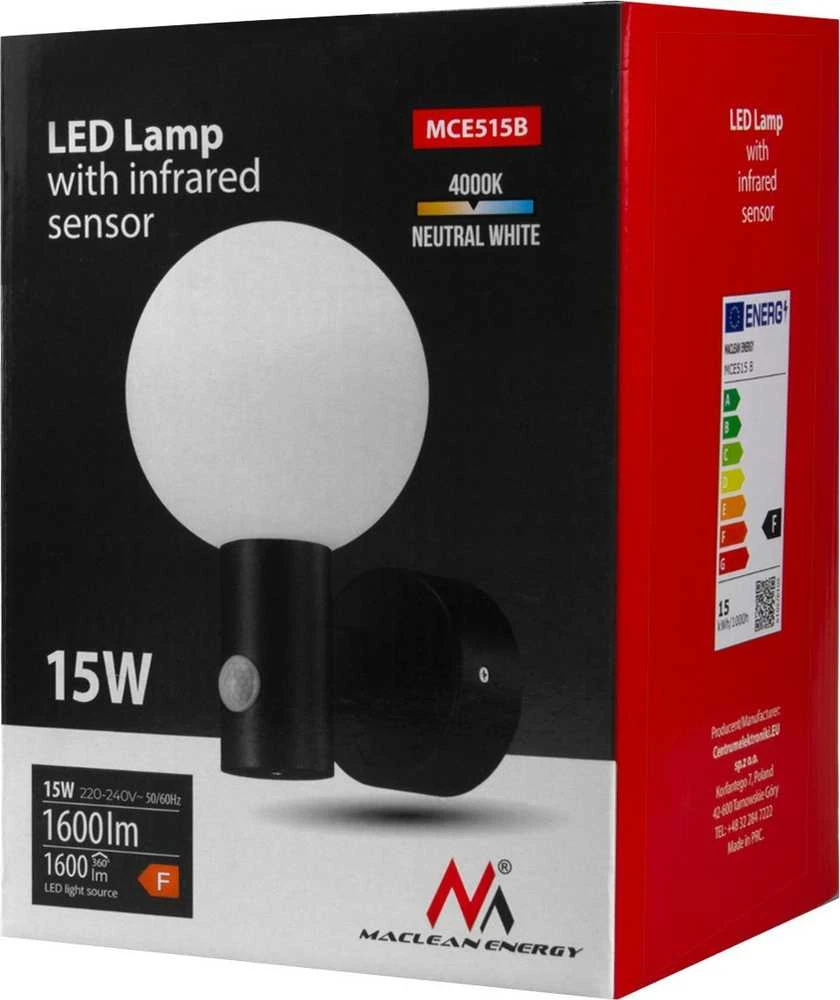 Maclean LED lempa su judesio jutikliu, PIR judesio jutiklis, juoda, 15W, IP65, 1600lm, neutrali balta spalva (4000K) MCE515 B