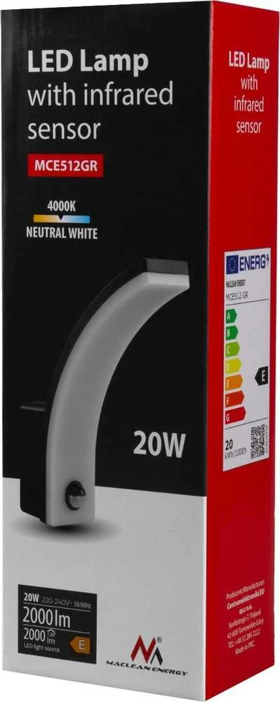 Maclean LED lempa su judesio jutikliu, PIR judesio jutiklis, pilka spalva, 20W, IP65, 2000lm, neutrali balta spalva (4000K) MCE5
