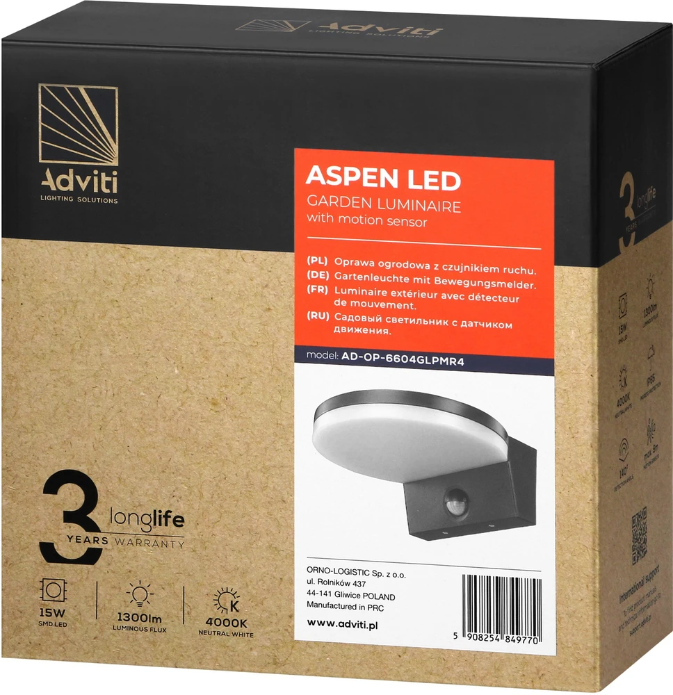 Orno ASPEN LED 15W, sodo šviestuvas su PIR judesio jutikliu, 1300lm, IP65, 4000K, pilkas