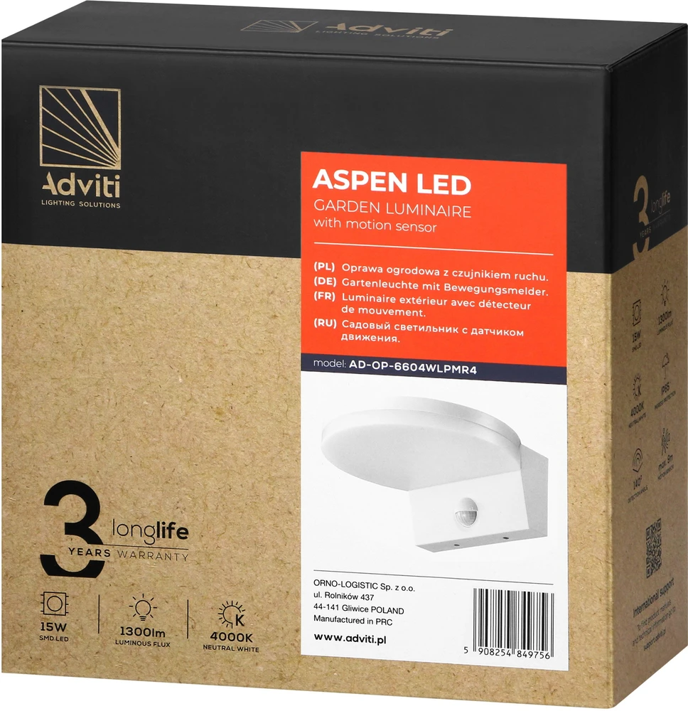 Orno ASPEN LED 15W, sodo šviestuvas su PIR judesio jutikliu, 1300lm, IP65, 4000K, baltas
