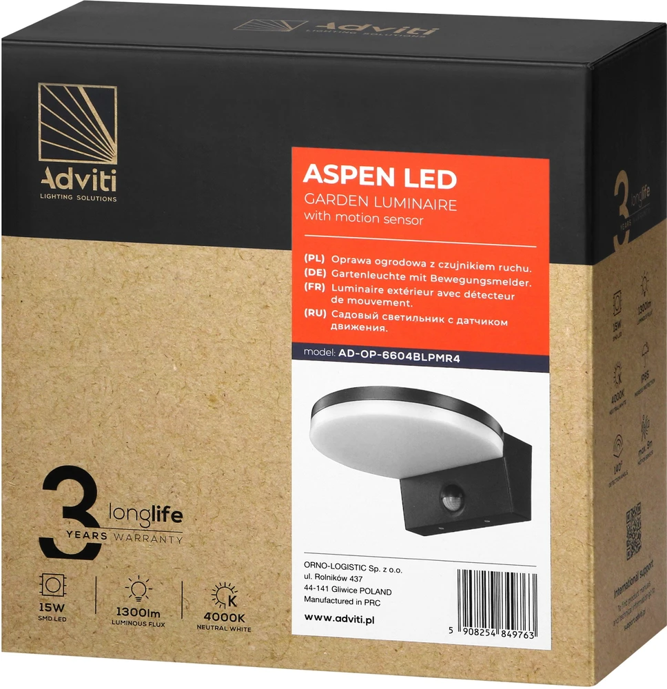 Orno ASPEN LED 15W, sodo šviestuvas su PIR judesio jutikliu, 1300lm, IP65, 4000K, juodas