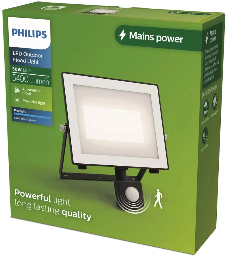 Philips Lois Naświetlacz LED 50W | 5400lm | 5000K | IP65 | Czujnik Ruchu | Czujnik Zmierzchu | Juodas