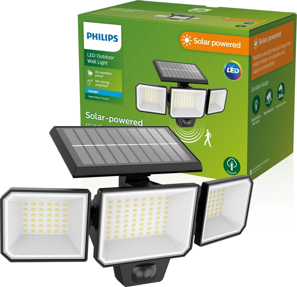 Philips Nysil saulės energija varomas LED fasado šviestuvas | 5000K | IP65 | Judesio jutiklis