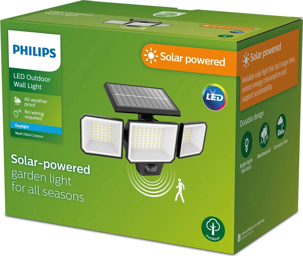 Philips Nysil saulės energija varomas LED fasado šviestuvas | 5000K | IP65 | Judesio jutiklis