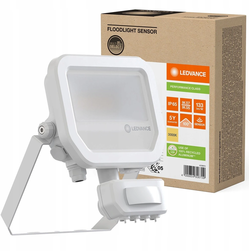 V-tac 6-8W LED prožektorius FL 10 GEN4, baltas, 3000K, IP65, su judesio davikliu