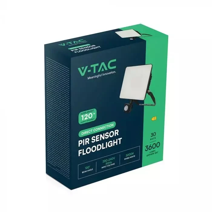 V-TAC LED prožektorius su judesio jutikliu FLUXI MC 30W 3600lm 4000K IP65 Juodas 23845-5