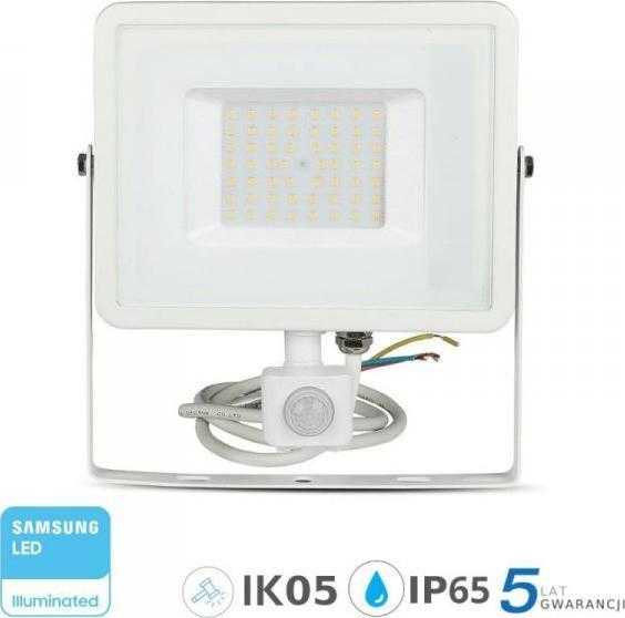 50W LED prožektorius V-TAC, 3000K (šiltai balta), su judesio davikliu, baltu korpusu, SAMSUNG LED chip