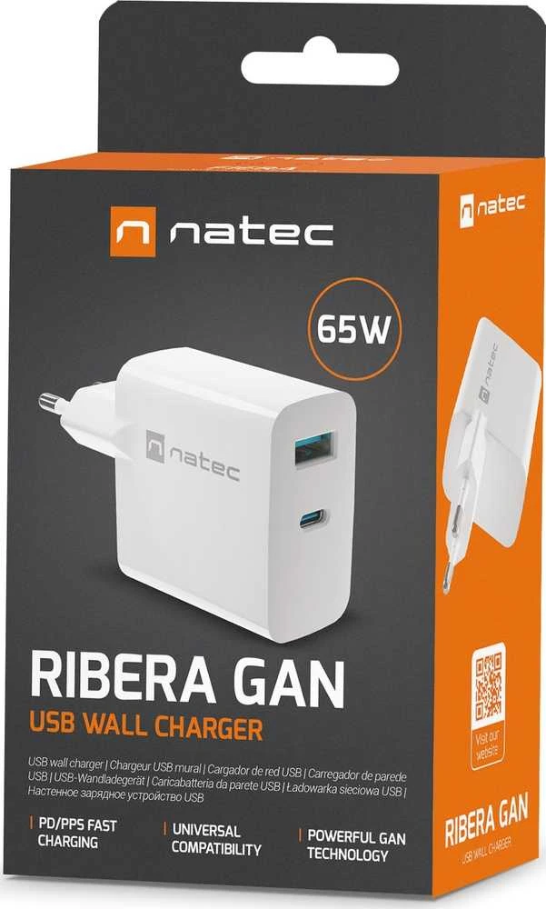 Maitinimo Adapteris - Natec Ribera 1x USB-A + 1x USB-C 65W Baltas