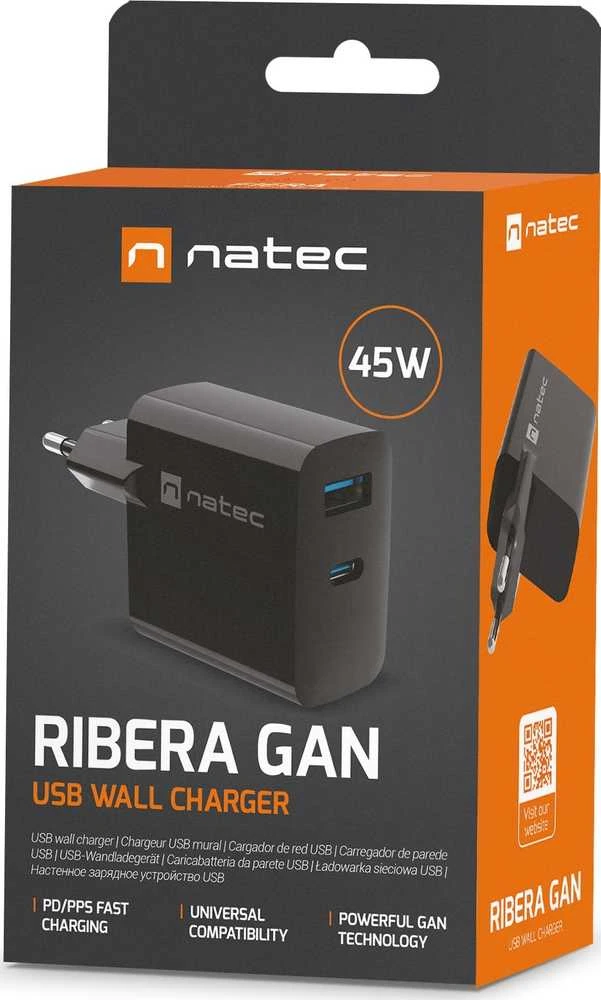 Įkroviklis - Natec Ribera 1x USB-A + 1x USB-C 45W Juodas