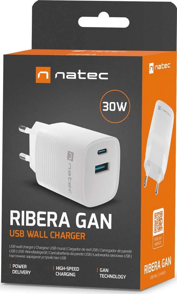 Įkroviklis - NATEC RIBERA GAN 30W USB-A + USB-C Greitas Pakrovėjas Baltas