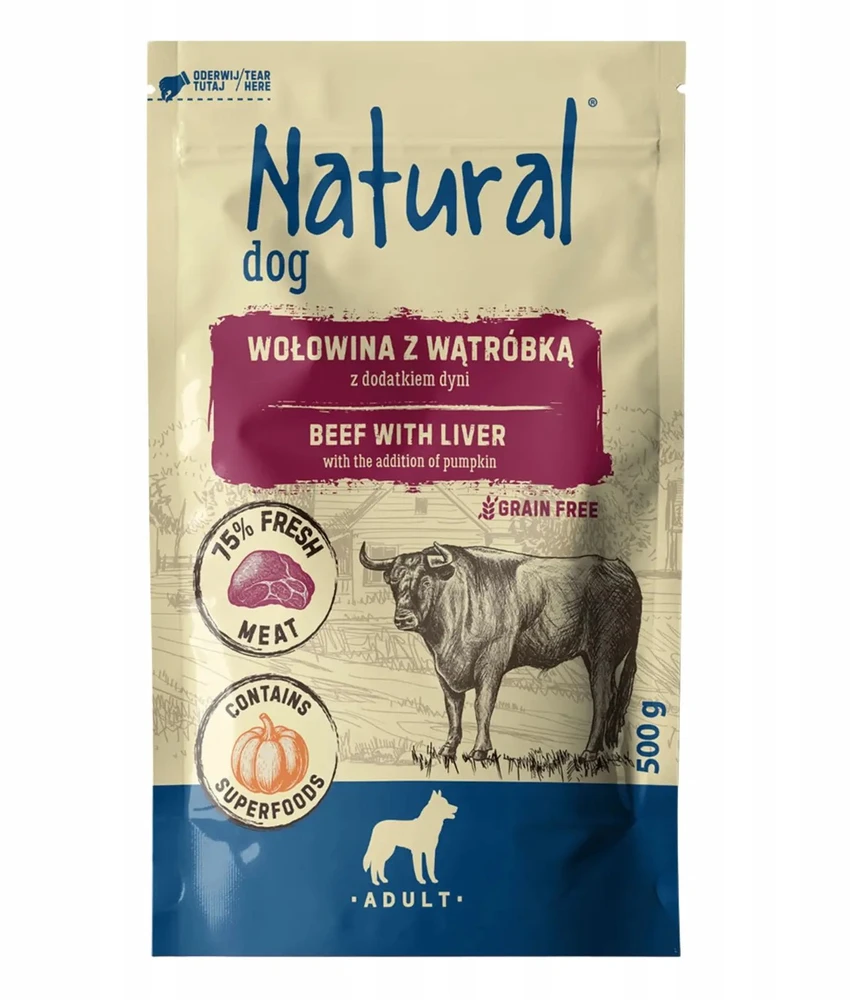 NATURAL jautiena su kepenėlėmis ir moliūgu - šlapias šunų maistas - 500g
