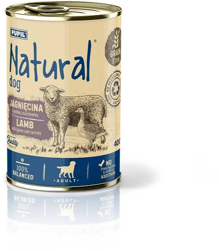 NATURAL ėriena su žąsa ir morkomis - šlapias šunų maistas - 400g