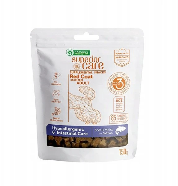 Nature's Protection SC Raudona Coat begrūdis Hypoallergenic &amp; Intestinal Care with lašiša Adult All breeds, begrūdis suaugusių, visų veislių raudonkailių šunų pašaro papildas – skanėstai su lašiša, 150 g