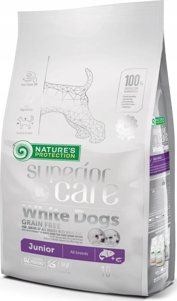 NATURE'S PROTECTION SUPERIOR CARE Baltas Dogs begrūdis su lašiša Junior All Breeds, visų veislių jaunų baltakailių šunų begrūdis sausas pašaras su lašiša,10 kg