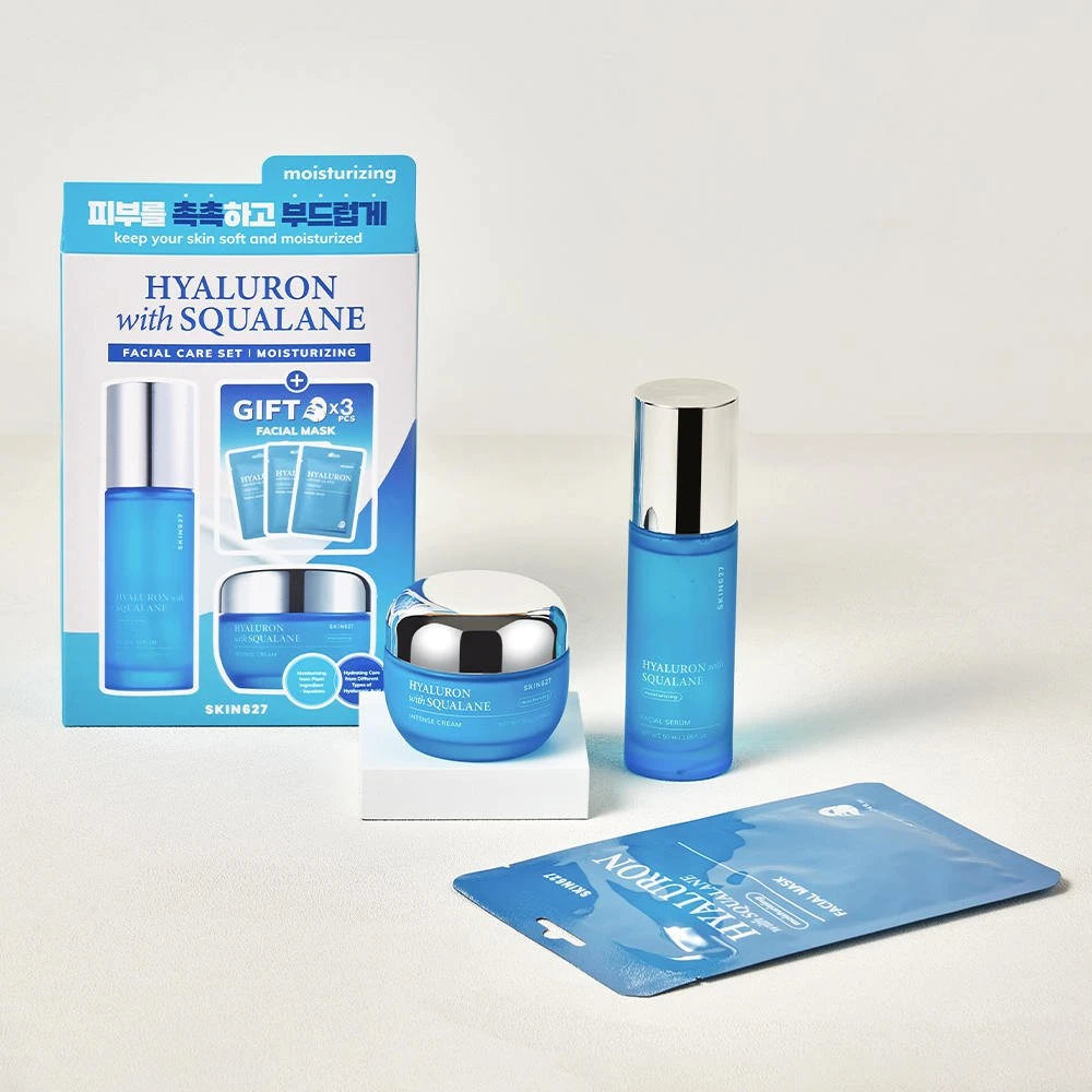 Skin627 Hialurono rūgšties ir skvalano rinkinys veido serumui 50 ml + veido kremui 50 g + lakštinėms kaukėms 3 x 22 ml