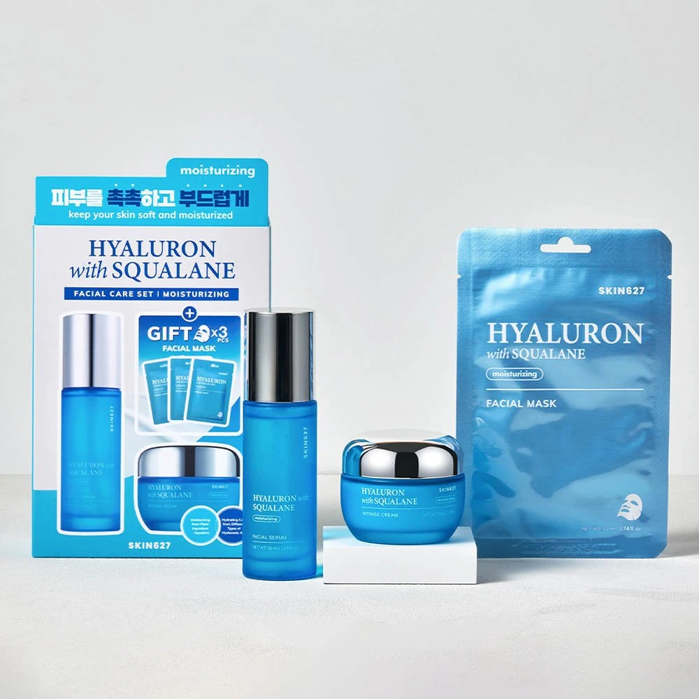 Skin627 Hialurono rūgšties ir skvalano rinkinys veido serumui 50 ml + veido kremui 50 g + lakštinėms kaukėms 3 x 22 ml