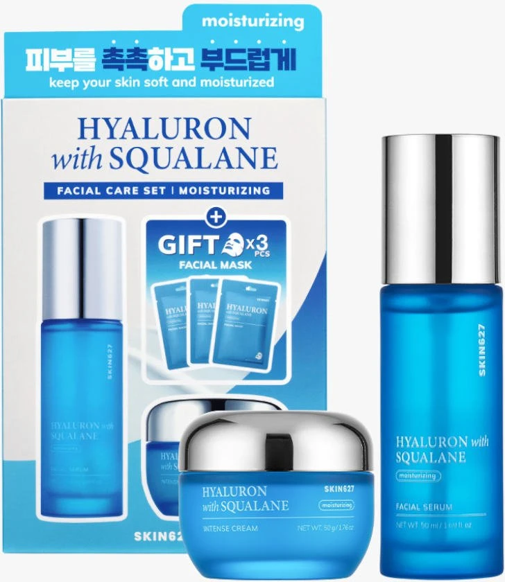 Skin627 Hialurono rūgšties ir skvalano rinkinys veido serumui 50 ml + veido kremui 50 g + lakštinėms kaukėms 3 x 22 ml