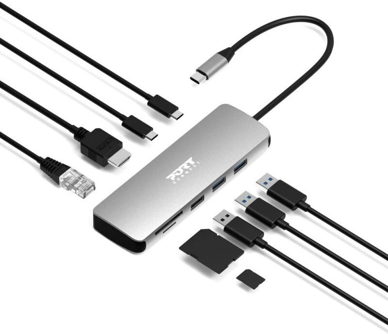 „Port Designs PORT CONNECT USB-C 1× 4K“ prijungimo stotelė, 9 viename, aliuminio dizainas, 85 W PD, sidabrinis