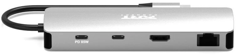 „Port Designs PORT CONNECT USB-C 1× 4K“ prijungimo stotelė, 9 viename, aliuminio dizainas, 85 W PD, sidabrinis
