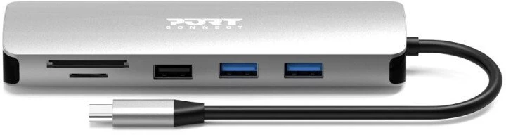 „Port Designs PORT CONNECT USB-C 1× 4K“ prijungimo stotelė, 9 viename, aliuminio dizainas, 85 W PD, sidabrinis