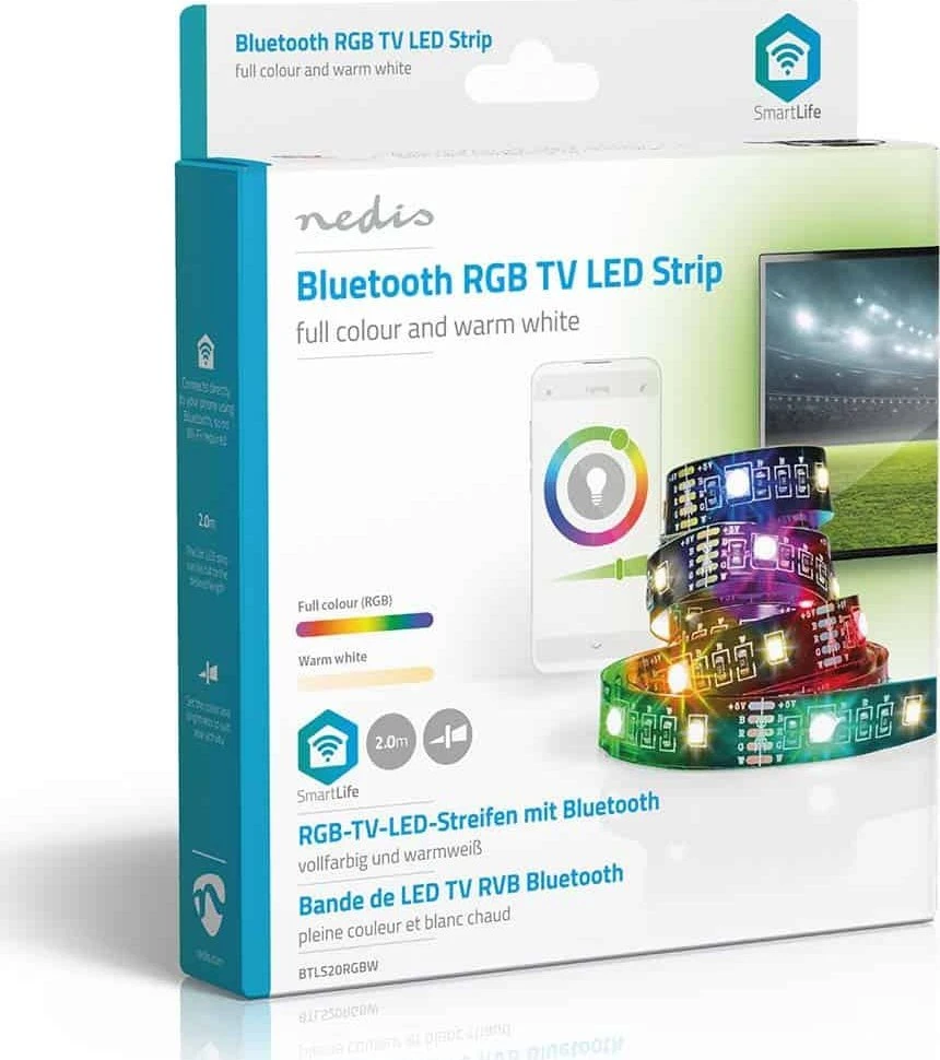 Nedis „Smartlife“ visos spalvos LED juostelė – „Bluetooth“, RGB, šiltai balta, 2000 mm, IP20, 2700K
