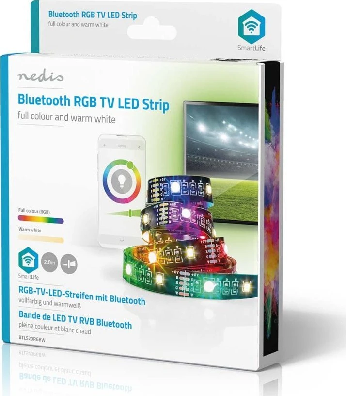 Nedis „Smartlife“ visos spalvos LED juostelė – „Bluetooth“, RGB, šiltai balta, 2000 mm, IP20, 2700K