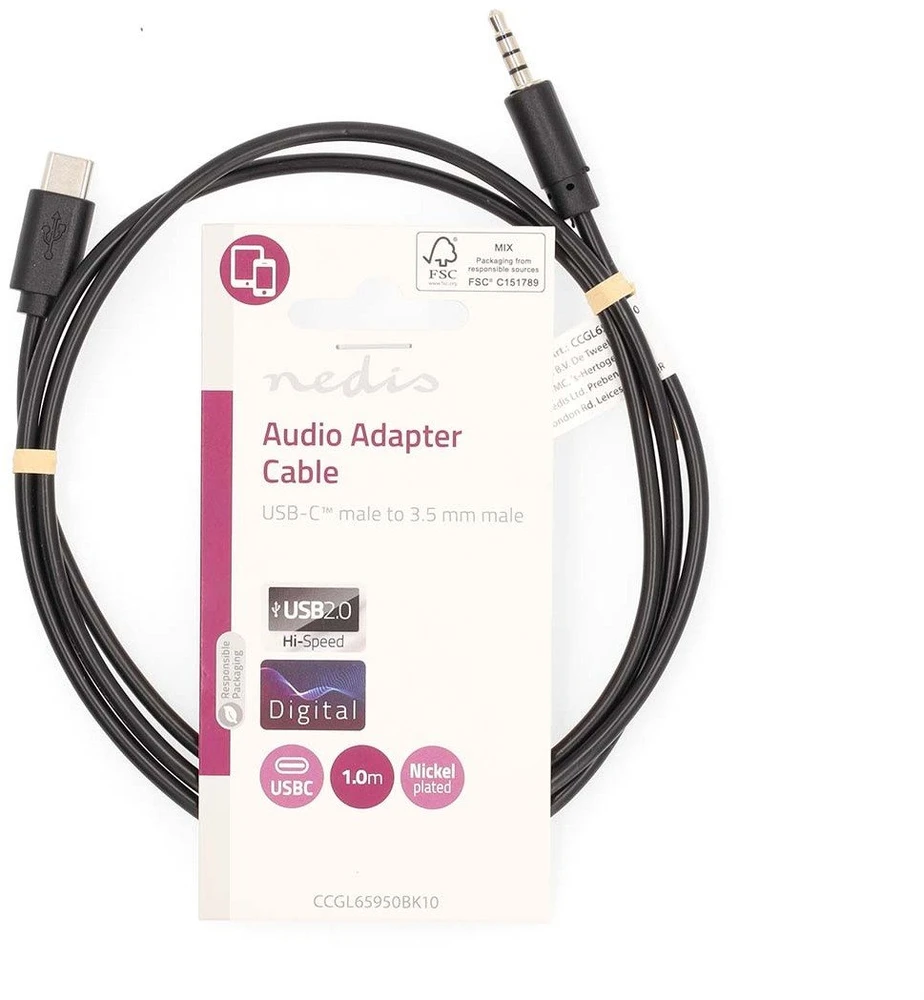 Juodas USB-C į 3.5 mm garso kabelis pakuotėje