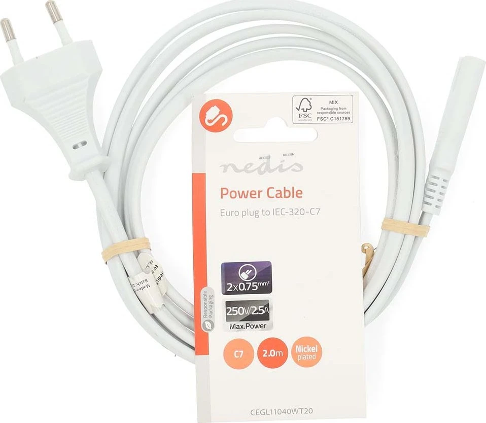 Nedis CEGL11040WT20 maitinimo laidas, baltas, 2 m, C tipo IEC 320 maitinimo kištukas
