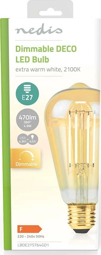 Nedis LBDE27ST64GD1 LED lempa Labai šilta šviesa, Šiltai balta 2100 K 4.9 W E27 F