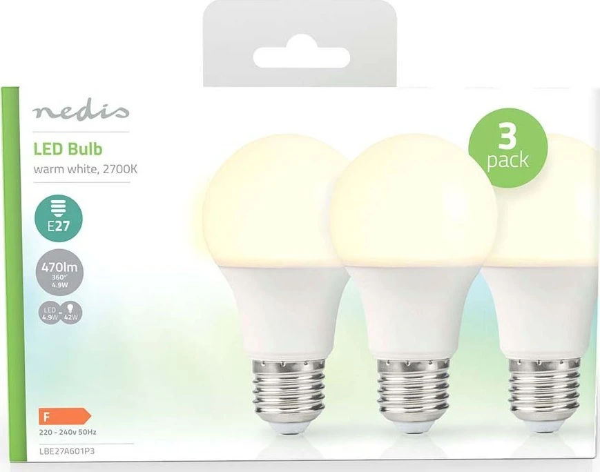 Nedis LBE27A601P3 LED lempa Šiltai balta 2700 K 4,9 W E27 F