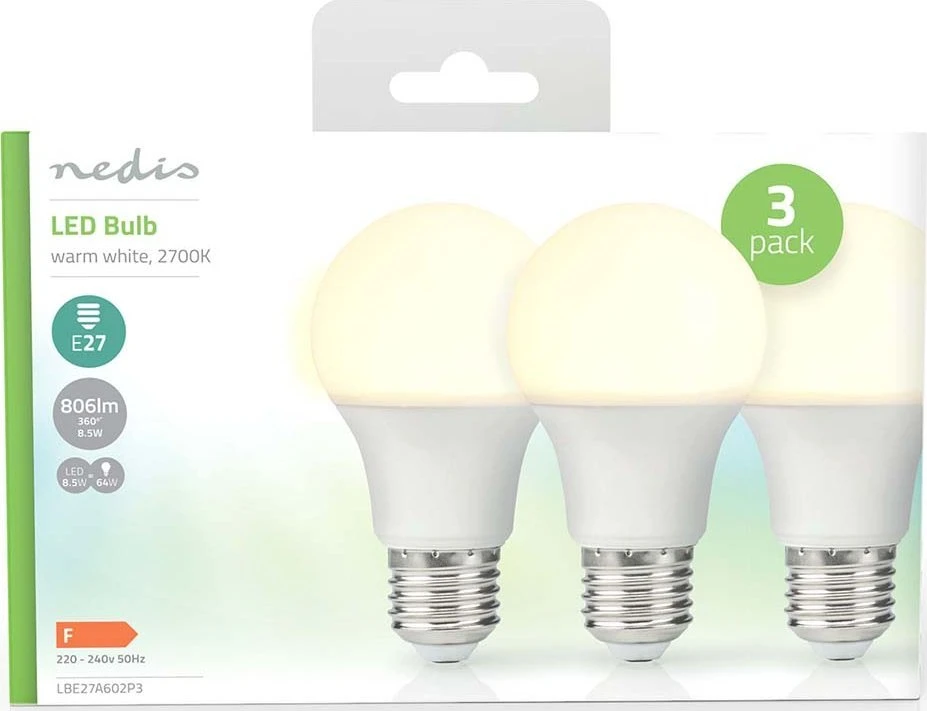 Nedis LBE27A602P3 LED lempa Šiltai balta 2700 K 8,5 W E27 F