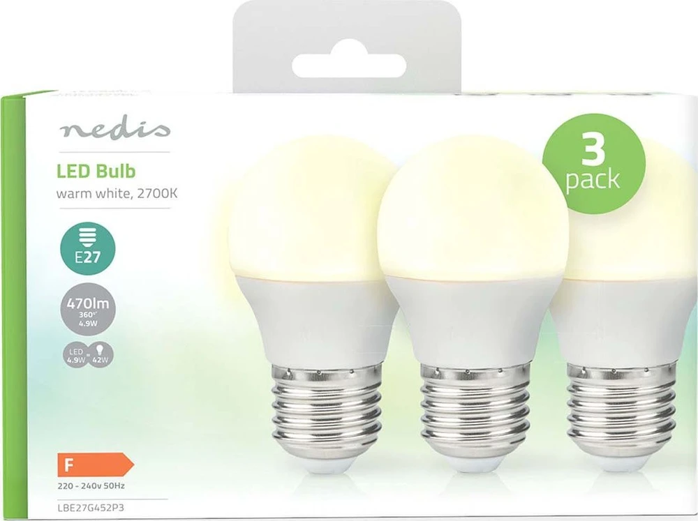 Nedis LBE27G452P3 LED lempa Šiltai balta 2700 K 4,9 W E27 F