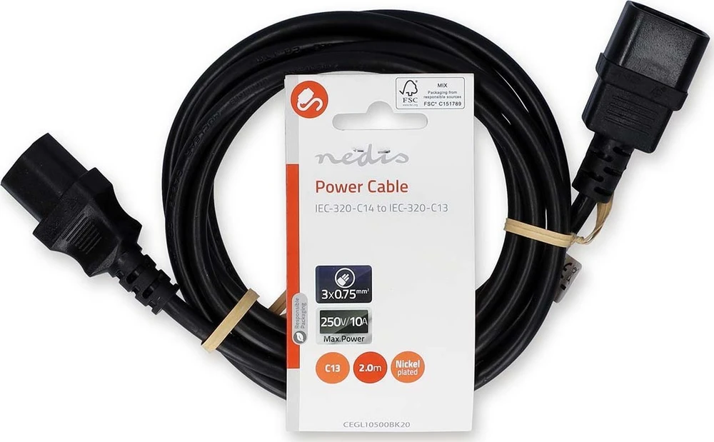 Nedis maitinimo kabelis Nedis CEGL10500BK20 maitinimo kabelis Juodas 2 m C14 skydelis C13 skydelis