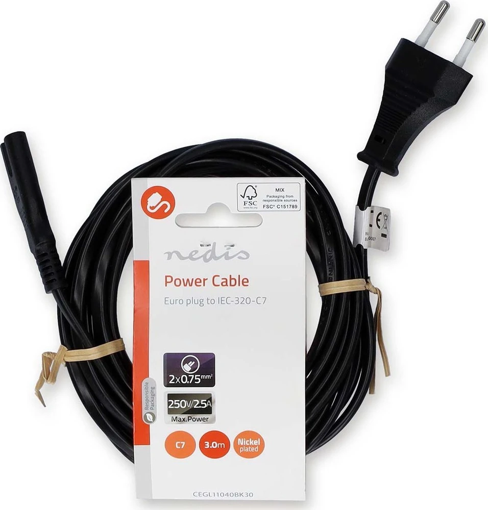 Nedis maitinimo kabelis Nedis CEGL11040BK30 maitinimo laidas Juodas 3 m C7 skydelis