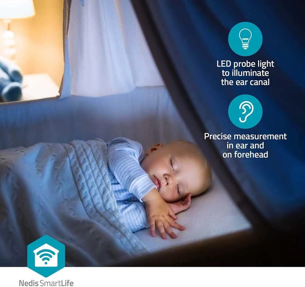„Nedis“ termometras „Nedis SmartLife“ infraraudonųjų spindulių termometras su LED ekranu, skirtas ausims / kaktai, „Baltas“