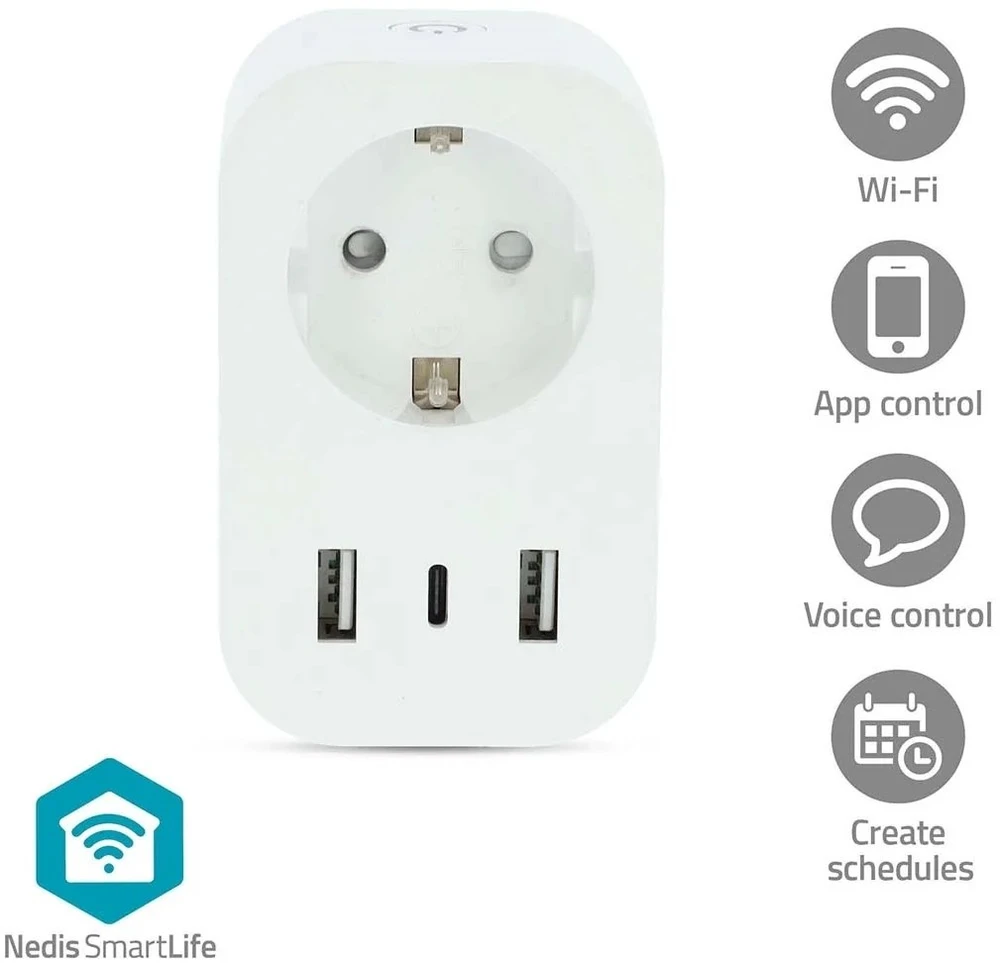 Nedis „SmartLife“ išmanusis „Wi-Fi“ kištukas | Galios matuoklis | 3680 W | F tipas (CEE 7/7) / 1 x USB-C™ / 2 x USB | 0–55 °C | „Android™“ / „iOS“ | Balta | 1 vnt.