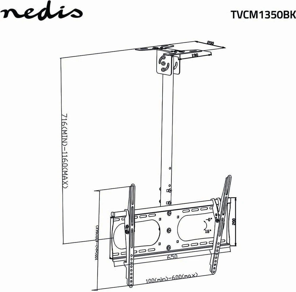Nedis TVCM1350BK televizoriaus laikiklis 165,1 cm (65") Juodas