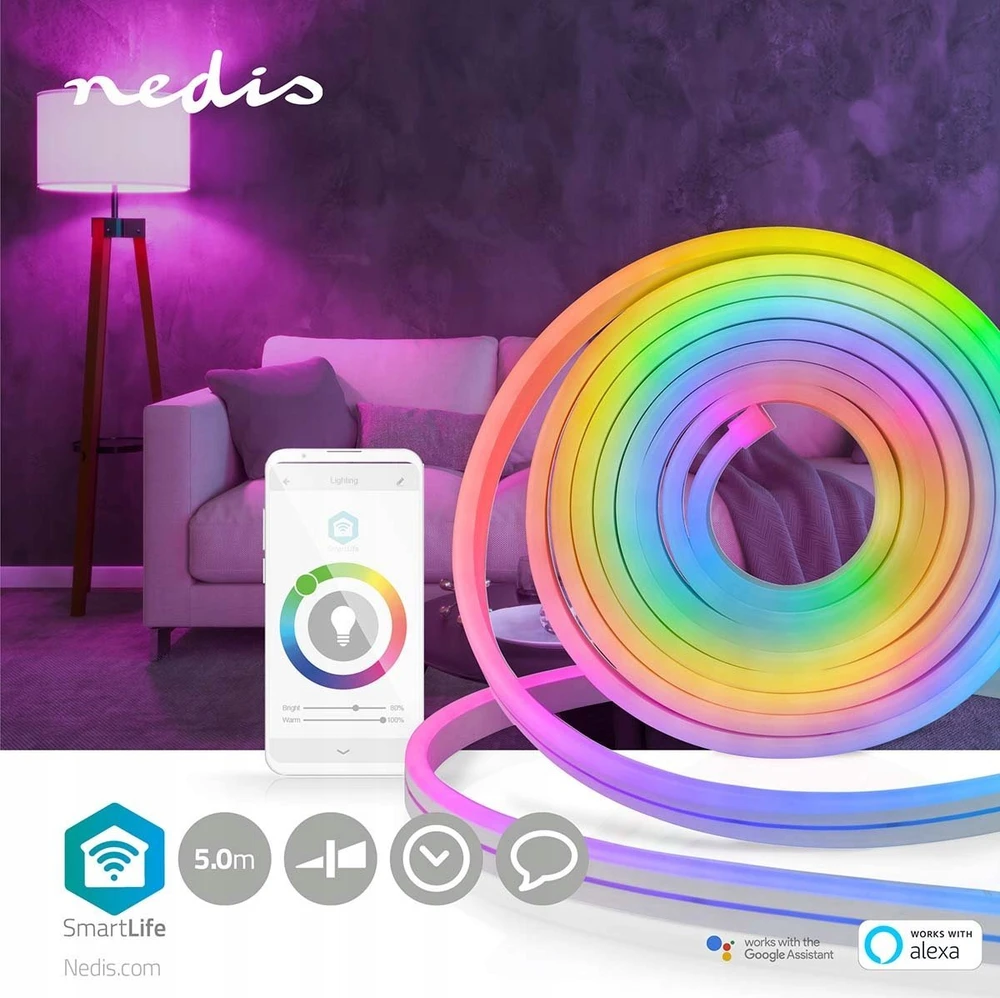 Nedis LED juostos komplektas NEON FLEX Wi-Fi, su pulteliu ir maitinimo šaltiniu 24V, 32W, 5m, 192lm/m, RGB IC skaitmeninė IP65