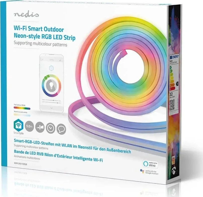 Nedis LED juostos komplektas NEON FLEX Wi-Fi, su pulteliu ir maitinimo šaltiniu 24V, 32W, 5m, 192lm/m, RGB IC skaitmeninė IP65