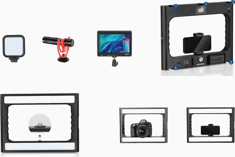 Neewer Naujesnis LED lempa 20W RGB GRIP Cage Laikiklis Telefonas ISO 1/4 Bluetooth Control / A111