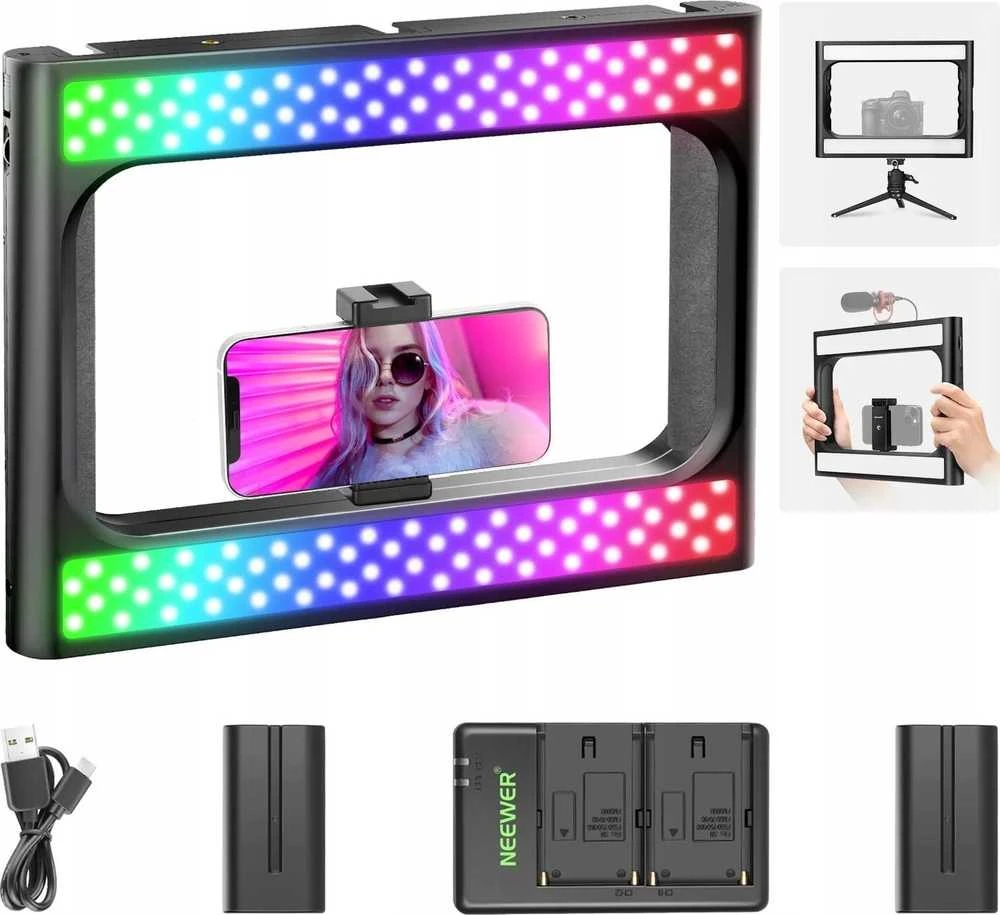 Neewer Naujesnis LED lempa 20W RGB GRIP Cage Laikiklis Telefonas ISO 1/4 Bluetooth Control / A111