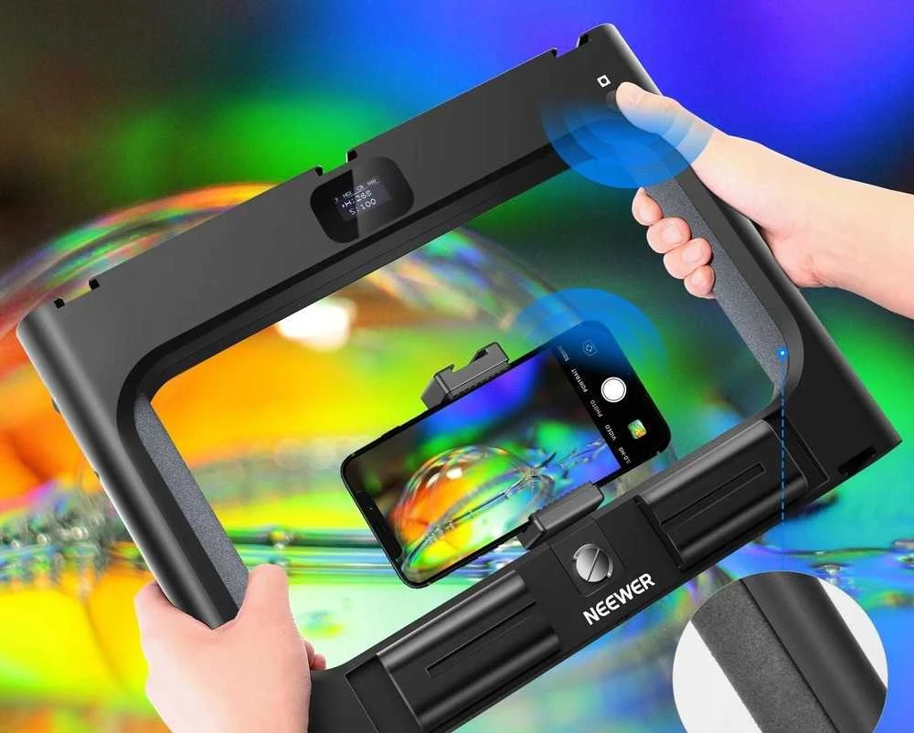 Neewer Naujesnis LED lempa 20W RGB GRIP Cage Laikiklis Telefonas ISO 1/4 Bluetooth Control / A111