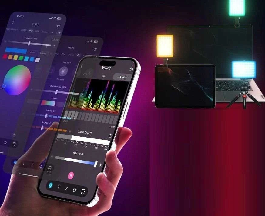 „Neewer“ žiedinė RGB LED lempa, 5 W, asmenukių vaizdo įrašų fotografavimui + telefono laikiklis, 1/4 colio ISO, „Bluetooth“ / VL67C